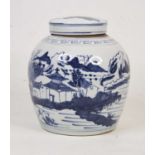 A 20th century Chinese blue and white glazed ginger jar and cover, decorated with pagodas in a