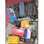 Two boxes of assorted cameras and accessories to include Amstrad Fidelity video camera, Panasonic