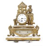 A 19th century French gilt metal and alabaster figural mantel clock, the enamelled dial showing