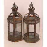 A pair of reproduction gilt metal crown-top hanging lanterns, h.51cm