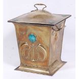 Attributed to Liberty & Co - an Arts & Crafts brass and Ruskin turquoise enamel inset coal box, of