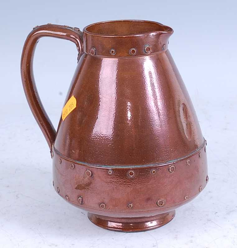 A circa 1900 Doulton Lambeth silicon-ware copper lustre jug, in the form of a riveted copper jack, - Bild 2 aus 3