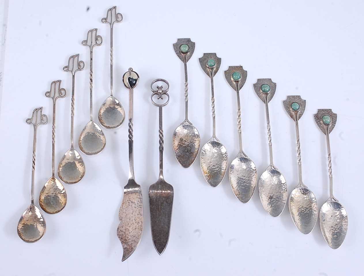 A collection of sundry hammered sterling silver wares, to include six teaspoons, each with shield