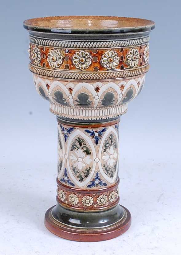 An early 20th century Royal Doulton or Fulham stoneware part gasolier, with applied floral and