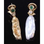 A pair of unmarked 1970s yellow gold drop earrings, each upper set with single emerald and diamond