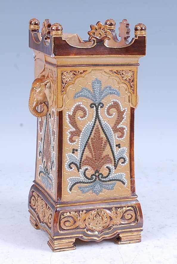 An 1886 Doulton Lambeth stoneware vase, of rectangular form, the 'mosaic' decorated body flanked