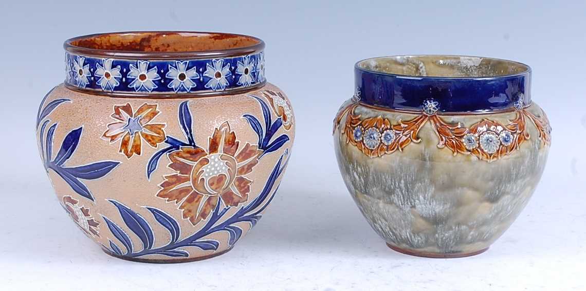 A late 19th century Doulton Lambeth stoneware jardiniere, with floral tube-line decoration,