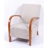 An Art Deco oak framed and grey striped upholstered open armchair, the arm rests of curved form, w.