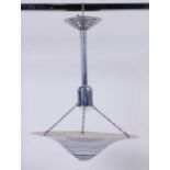 A French Art Deco chrome hanging ceiling light, of circular stepped form, the shade suspended on