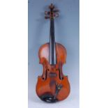 An English violin, having a one piece maple back and spruce top with ebony fingerboard and