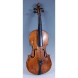 A 19th century violin, having a two piece maple back with spruce front, maple neck with ebony
