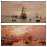 William Jenner (19th century British) - Pair; Frigates in the harbour at day and sunset, oil on