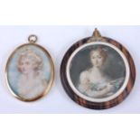 Early 20th century school bust portrait of a maiden miniature on ivory, framed as an oval, 6.2x5.