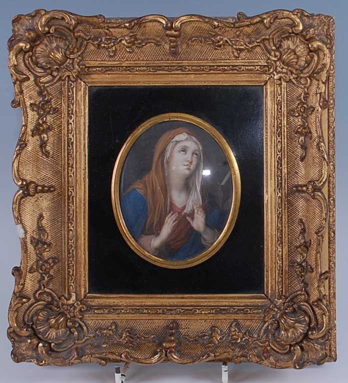 Late 19th century continental school - portrait of the Virgin Mary, miniature watercolour on