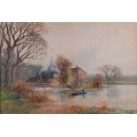 Henry Charles Fox (1855-1929) - Lone boatman on the river with houses and church beyond,