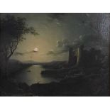 Follower of Sebastian Pether (1790-1844) - Extensive moonlit river landscape with castle ruins,