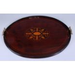 An Edwardian mahogany and marquetry inlaid gallery drinks tray, of oval form with Arabesque