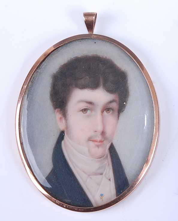 19th century English school, half length portrait of young man wearing a black tunic and tiepin,