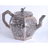 An early Victorian silver teapot, of hexagonal form with angular shaped handle and spout, all-over