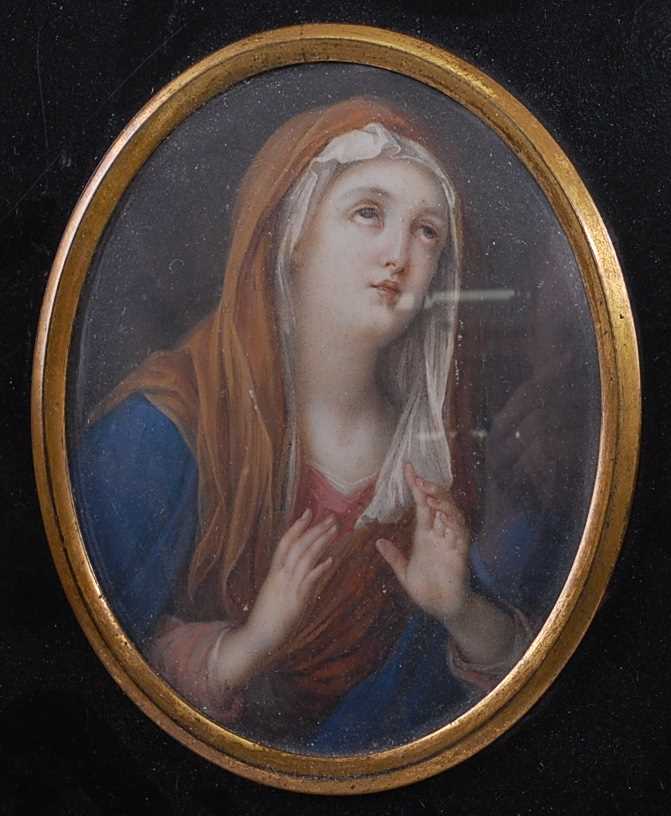 Late 19th century continental school - portrait of the Virgin Mary, miniature watercolour on - Image 2 of 3