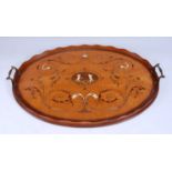 A Sheraton Revival satinwood and marquetry inlaid galleried tray, the central field marquetry and