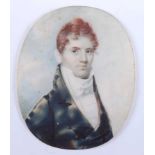 19th century English school, half length portrait of a red haired gentleman with green tunic,