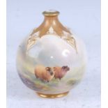 A 1919 Royal Worcester porcelain vase, of globular form, hand-painted with sheep within a landscape,