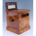 A Victorian burr walnut table-top stereoscopic viewer, the polished box of square section with