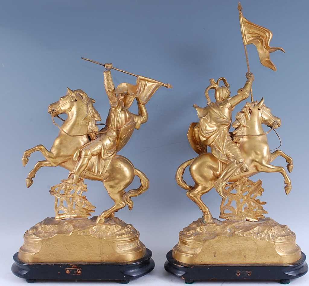 A pair of late 19th century gilt spelter figures of Crusaders on horseback, each on naturalistic - Image 2 of 4