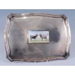 A Geo V engine turned silver tray set with a central enamel plaque depicting two donkeys, 16oz,