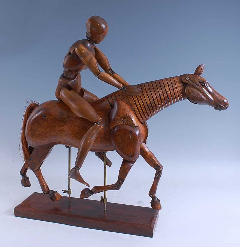 A late 19th / early 20th century French articulated walnut artist's maquette / lay figure of a rider - Image 2 of 21