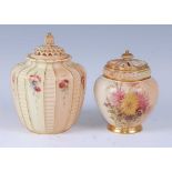 An 1896 Royal Worcester blush ivory porcelain jar and cover, hand painted with flowers, green