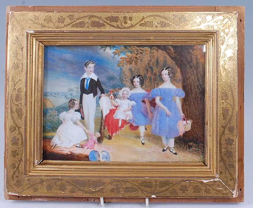 A circa 1830 English school group portrait of the Paget family children, depicted within a