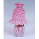 A circa 1885 Nailsea type Verre Moire pink and white satin glass fairy style oil lamp, the shade