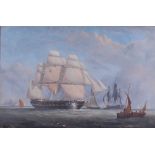 Attributed to John Scott (1802-1885) - Three-masted frigate and other boats on the Dover Straits,