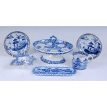 A late 18th century Chinese export blue and white porcelain coffee can and two saucers, each
