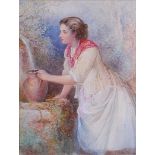 Late 19th century English school - The water-girl, watercolour heightened with white, indistinctly