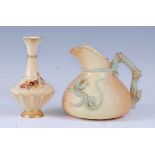 A 1915 Royal Worcester blush ivory ewer, relief decorated a lizard to the basket weave body, the