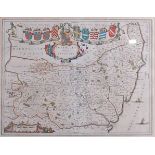 Johannes Blaeu - a 17th century hand-coloured engraved county map of Suffolk, having illustrated