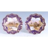 A pair of 1909 Royal Doulton porcelain cabinet plates, each decorated with a hand painted scene of