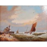 20th century Dutch school - Sailing boats returning to harbour in a swell, oil on panel, signed with