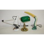 A 20th century white painted metal adjustable desk lamp, together with another green glass and brass