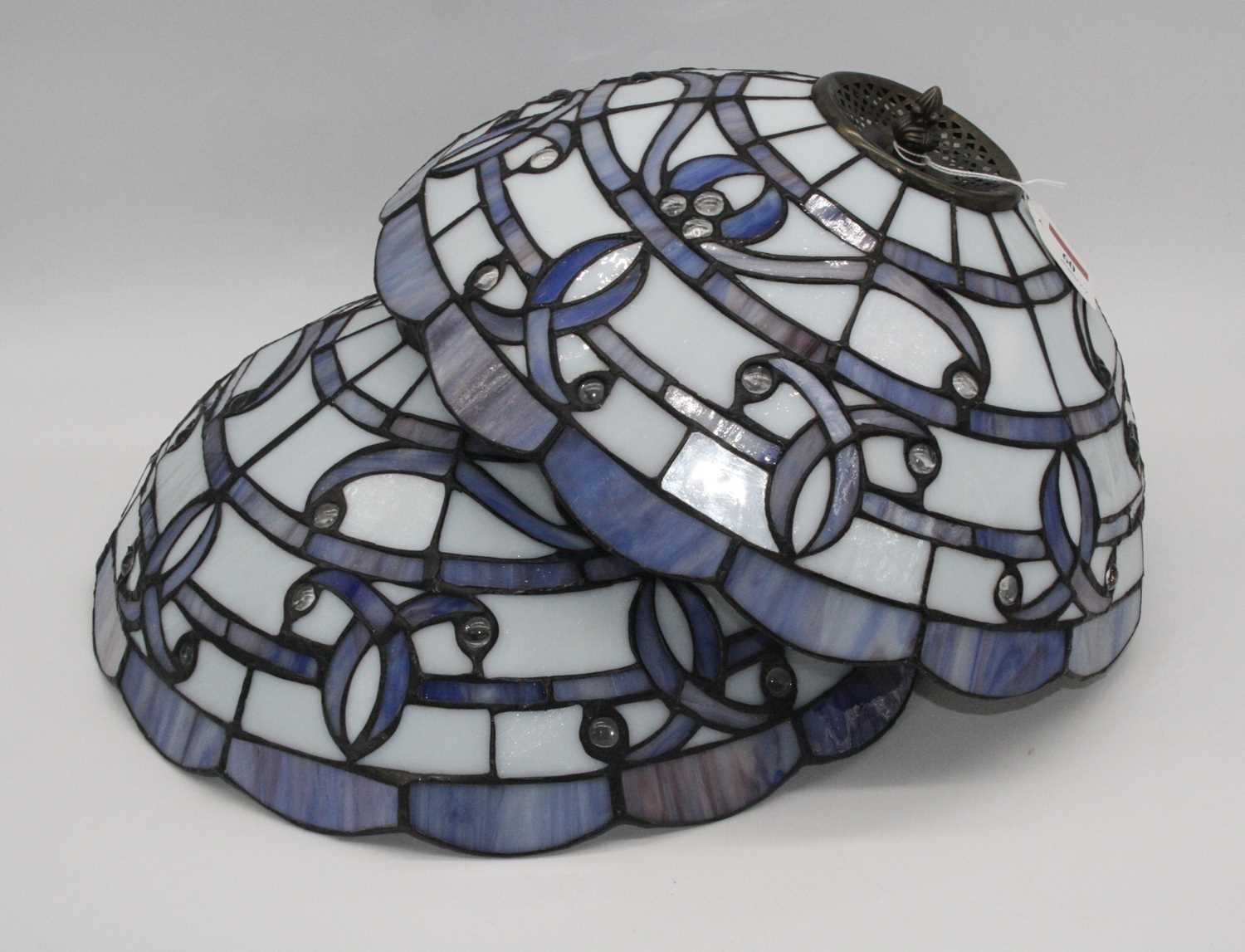 A pair of 20th century Tiffany style coloured glass ceiling pendant light shades, dia. 34cm