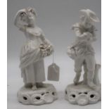 A pair of Stevenson and Hancock Derby porcelain figures, the boy wearing a tricorn with his arms