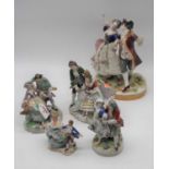 A 19th century Sitzendorf porcelain figure group, height 17cm, together with four others similar