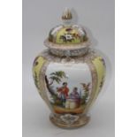 A Dresden porcelain urn of baluster form, decorated wih panels of figures and floral sprays, 32cm