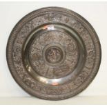 A Victorian electroplated copper Temperantia charger, dia.48cm