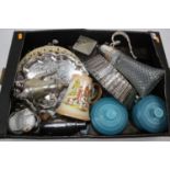 A box of various ceramics and metalwares to include silver plate mounted pressed glass claret jug