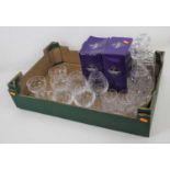 A box of cut glass drinking glasses and decanters to include Old Hall Bridge and Edinburgh crystal