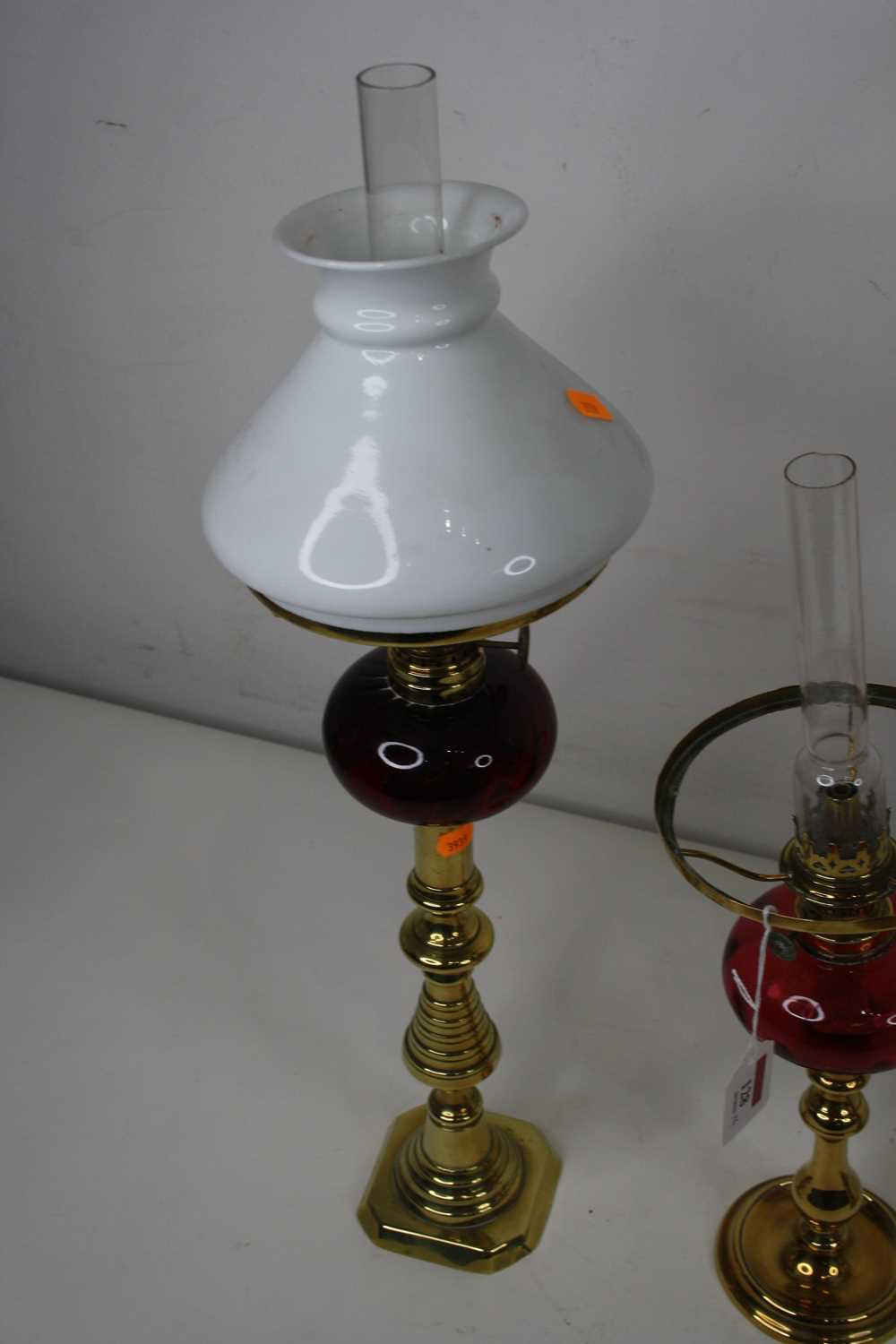 Please not that the porcelain lamp is also missing its shade - A 19th century brass and copper oil - Image 4 of 11